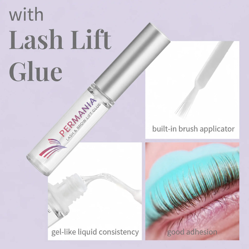 PERMANIA brush-on lash lift glue with built-in applicator and gel-like texture.