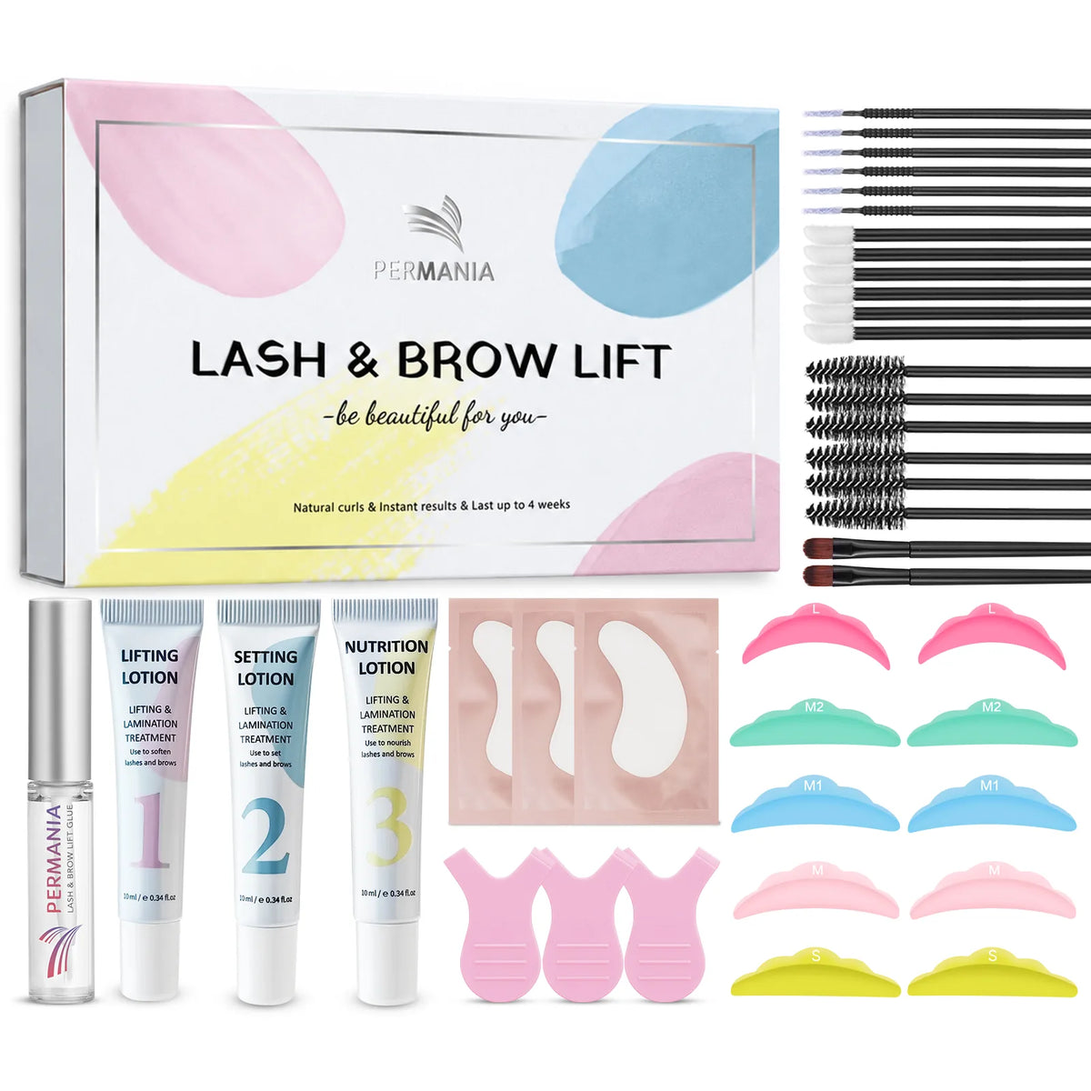PERMANIA lash and brow lift kit with brush-on glue, three lotions, silicone shields and tools.