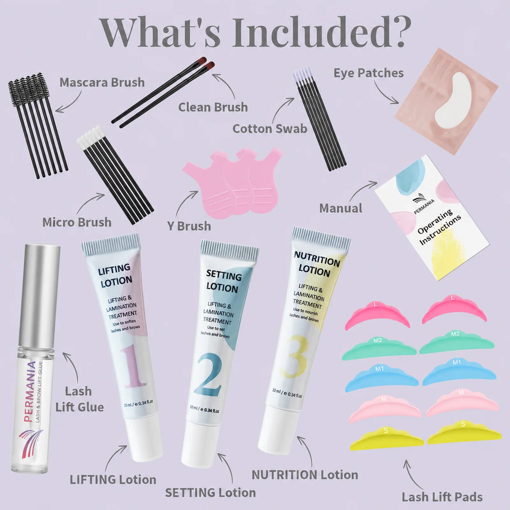 Labeled contents of the PERMANIA lash lift kit with brush-on glue, lotions, shields and accessories.