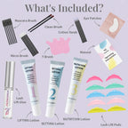 Labeled contents of the PERMANIA lash lift kit with brush-on glue, lotions, shields and accessories.