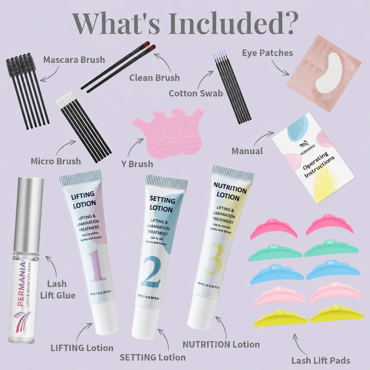 Labeled contents of the PERMANIA lash lift kit with brush-on glue, lotions, shields and accessories.