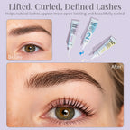 Before-and-after close-ups of natural lashes appearing lifted and curled.