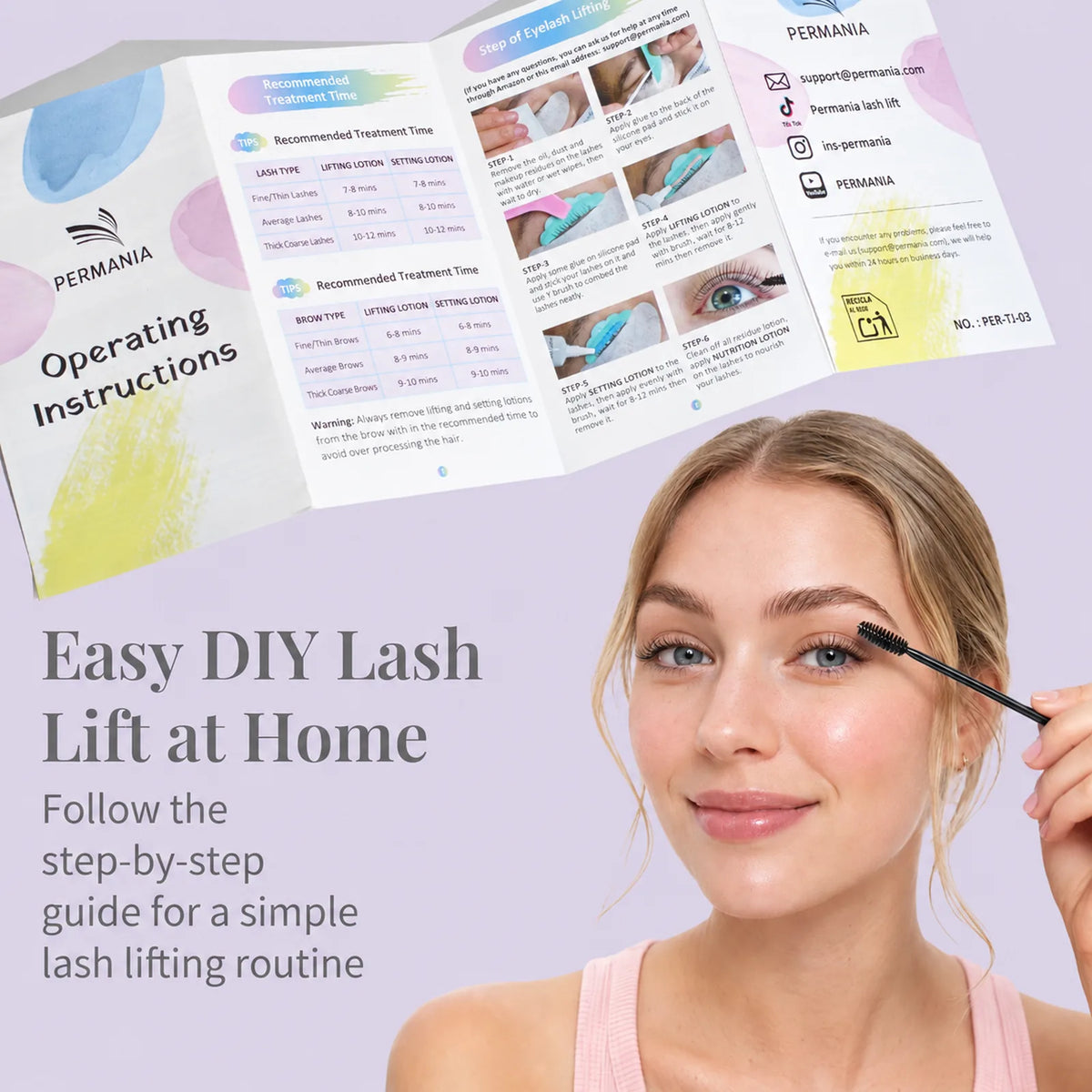 Model holding a lash brush beside the PERMANIA step-by-step instruction manual.