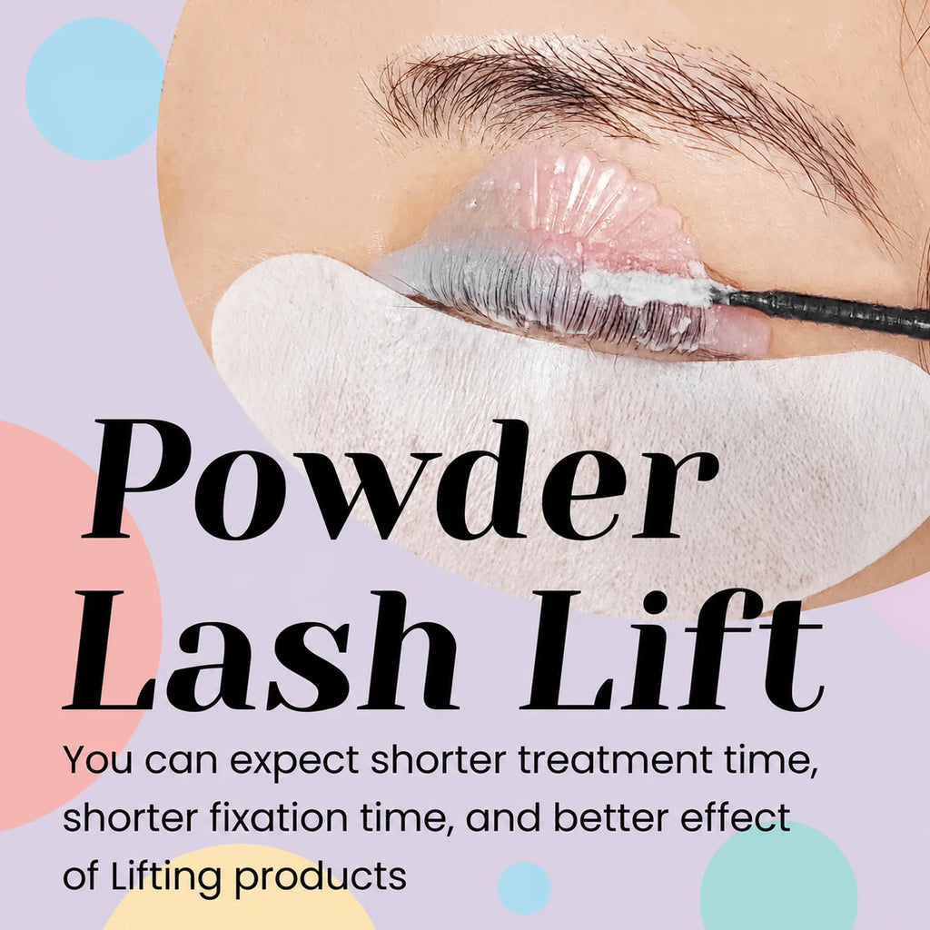 Close-up of eyelash lift treatment in progress with the powder mixture applied across lashes on a lift pad.