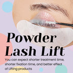 Close-up of eyelash lift treatment in progress with the powder mixture applied across lashes on a lift pad.