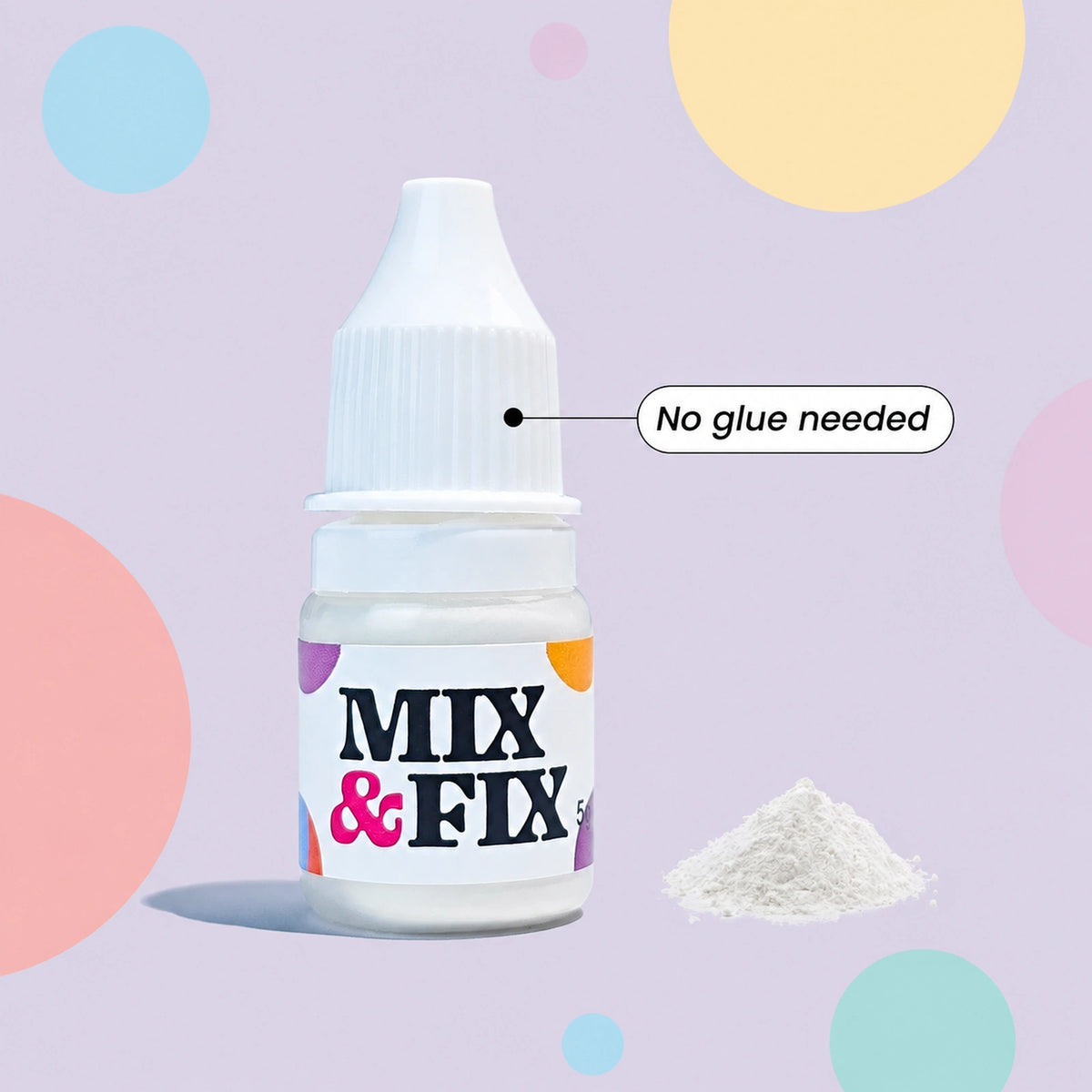 Close-up of the Mix and Fix bottle with a small pile of powder and a callout noting that no glue is needed.