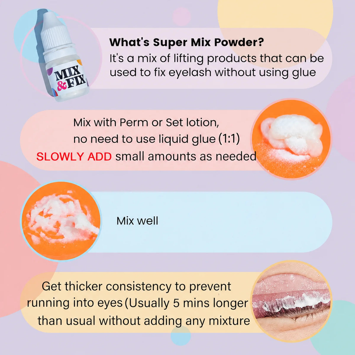 Instruction graphic explaining how to mix the lash lift powder with perm or setting lotion and apply it for a thicker consistency.