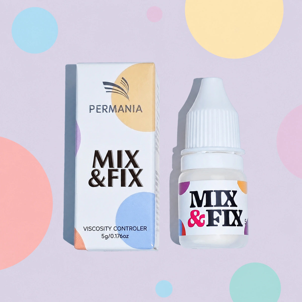 PERMANIA Mix and Fix packaging set with the product box and bottle displayed together on a pastel background.