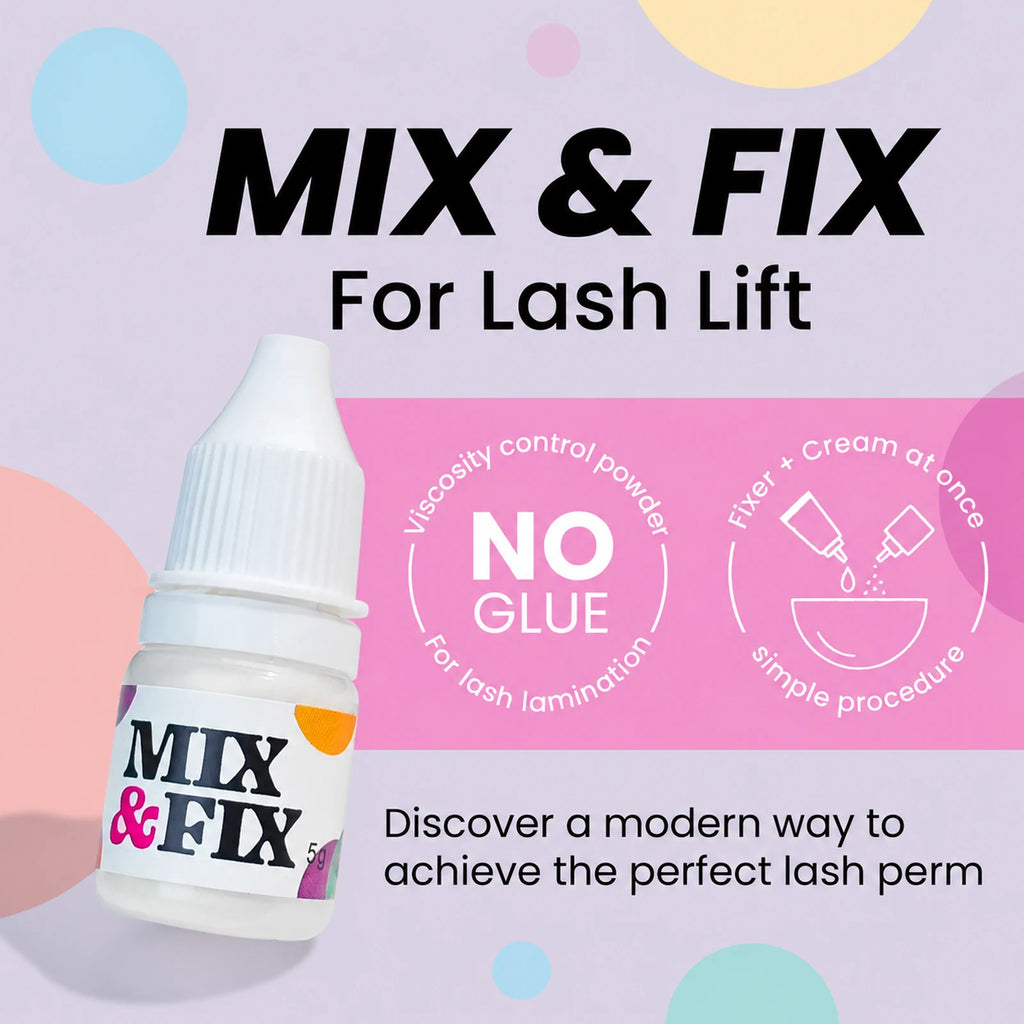 Promotional graphic showing the PERMANIA Mix and Fix bottle with a no-glue lash lift message and key product benefits.